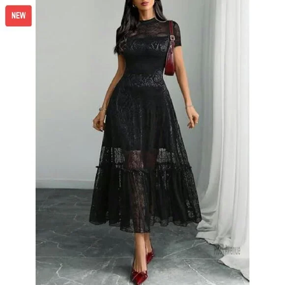 chinese dress ladies AnnoMundi Layered Lace High Neck Midi Dress with Asymmetric Hem White / L main image 1